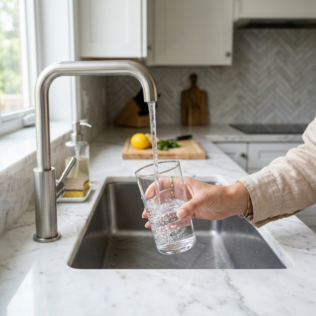 Persona llenando un vaso de agua pura en un sistema de ósmosis inversa